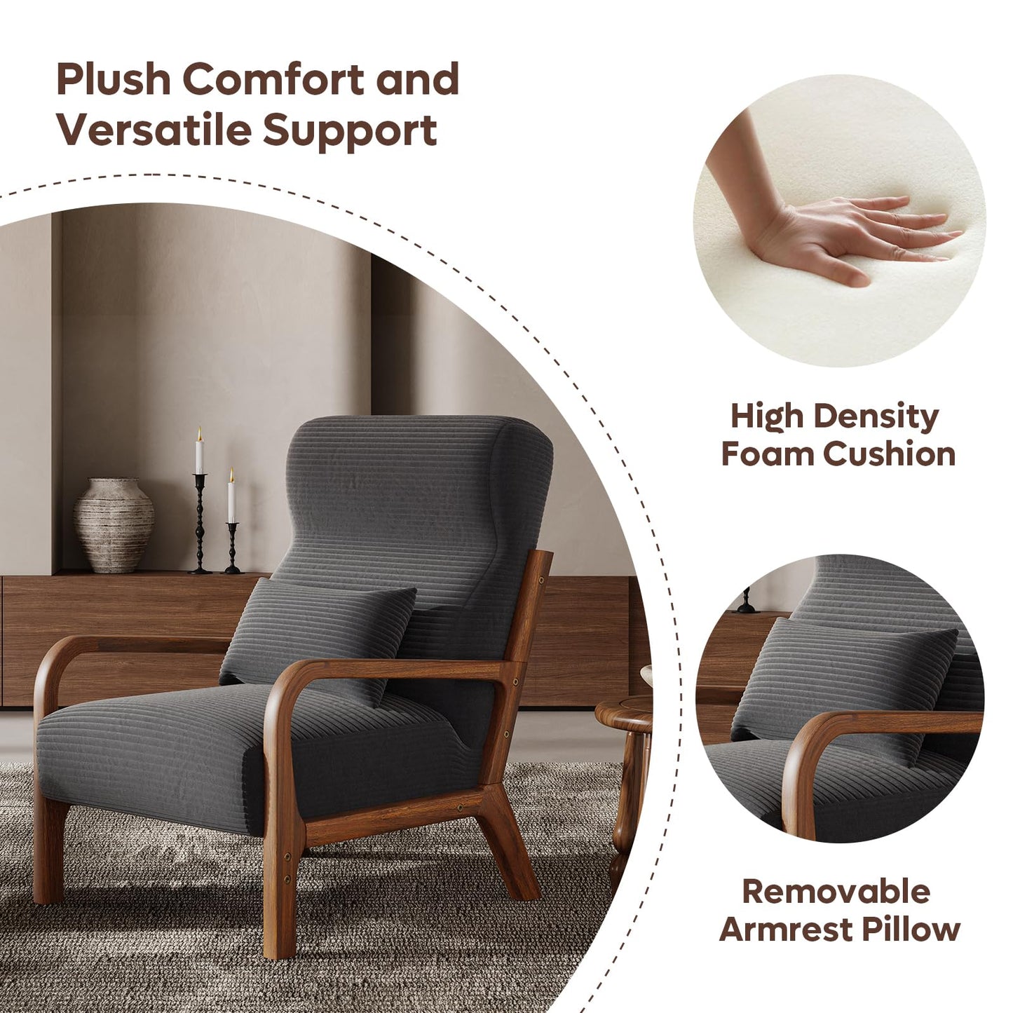 Bestier Mid Century Ergonomic Accent Chair, 105° Backrest Angle with Pillow, High Back Living Room Chair with Head/Back/Armrest Support, Thick and Comfy Seat Cushion Reading Chair, Grey
