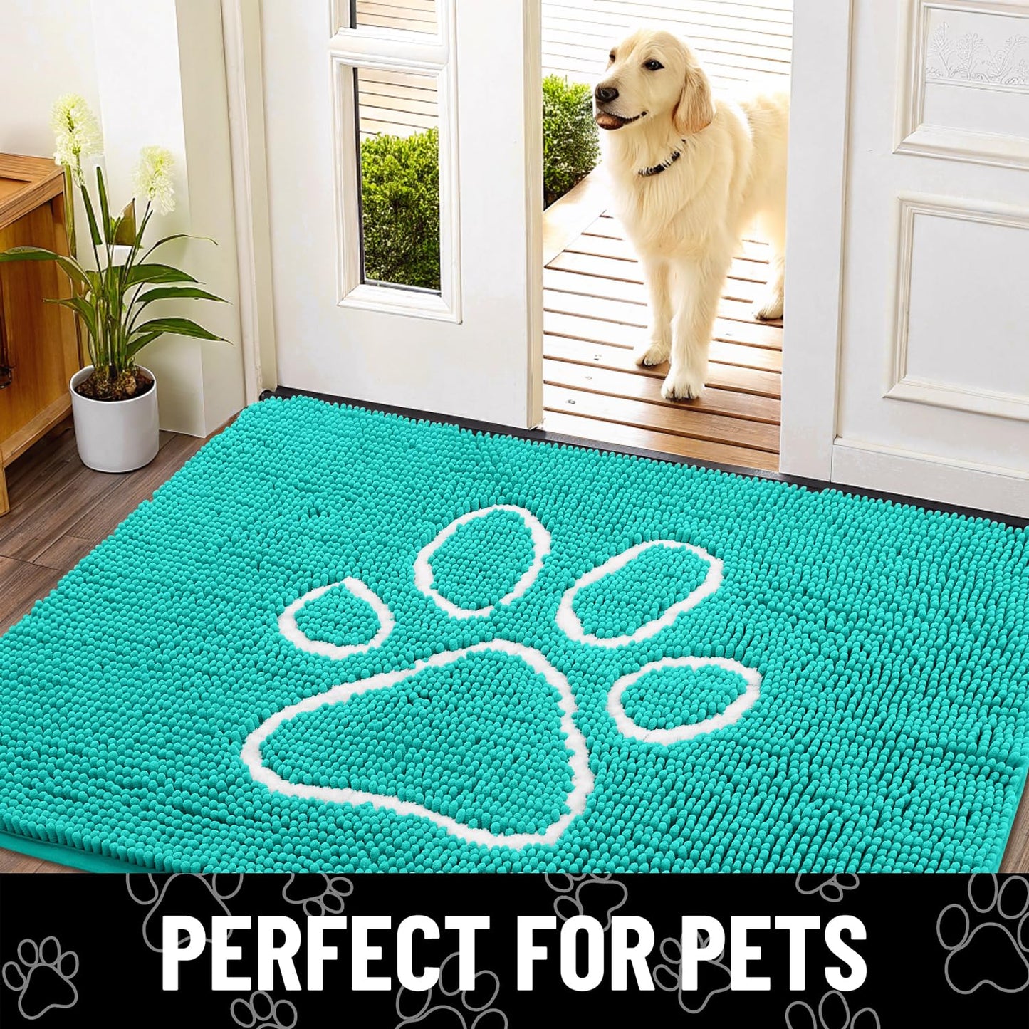 Smiry Dog Door Mat for Muddy Paws, Absorbent Dirt Trapper Non Slip Quick Dry Washable Chenille Mat for Mud Dogs, Entry Rug for Indoor and Outdoor (30x20 Inches, Turquoise)