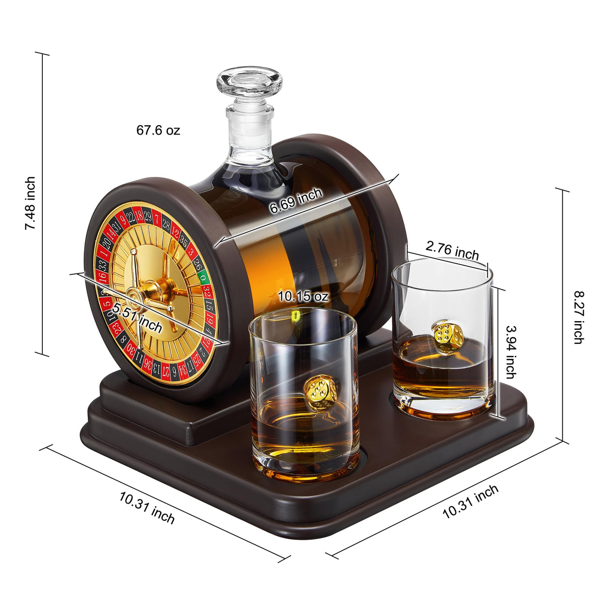 Casino Roulette Whiskey Decanter for Men, Husband, Him | 67.6 OZ Decanter With 2 x 10oz Dice Whiskey Glasses | Gold & Wood Gambling Slot Gift for Bourbon, Scotch, Liquor, Gifts For Dad, Guy, Winter
