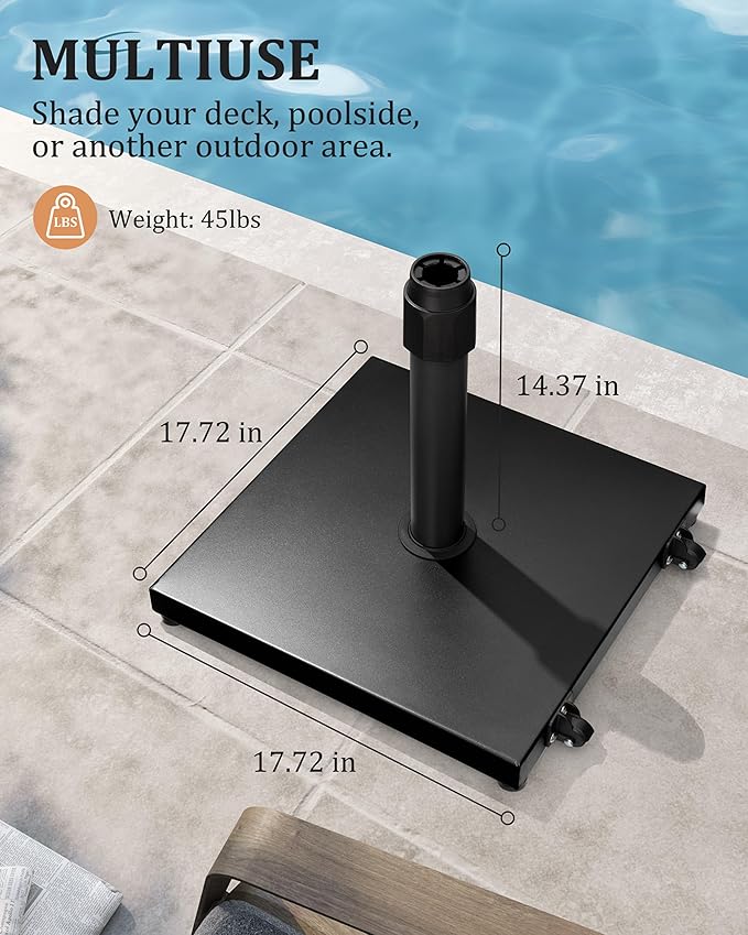 JOINHOM 42lbs Patio Umbrella Base with Wheels - Heavy Duty Outdoor Patio Market Umbrella Stand for Deck with Rollers, Poolside, Balcony, Wind-Resistant Design, Black