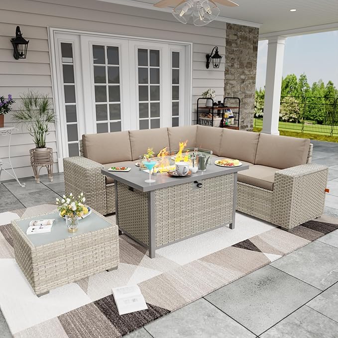 Broivira 7 Piece Patio Furniture Set with 50,000 BTU Rattan Fire Pit Table That Converts to Coffee Table, 9.8" Wide Arm Sectional Sofa with Storage Armrests, Outdoor Rattan Conversation Set, Khaki