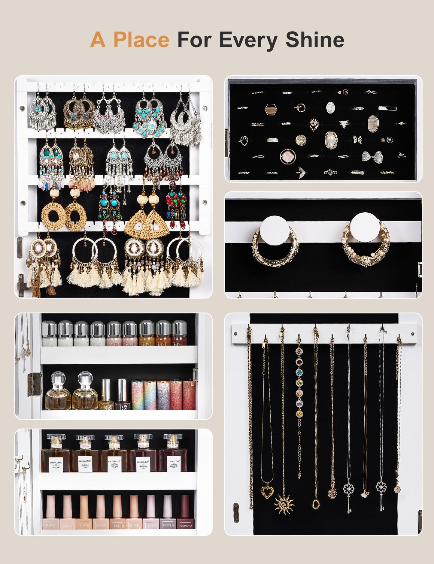 Nicetree Jewelry Cabinet, Standing Jewelry Mirror with Storage, Mirror Jewelry Armoire with 2 Drawers, Lock, Shelf, Polishing Cloth, Grain White