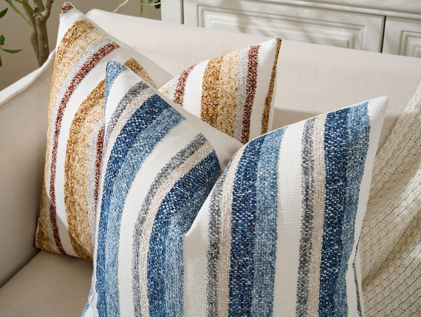 Zealax Modern Farmhouse Decorative Pillow Covers 18x18 Inch Boho Throw Pillows Neutral Soft Chenille Couch Cushion Covers, Set of 2 Velvet Striped Accent Pillows Cases for Sofa Bed Living Room, Blue