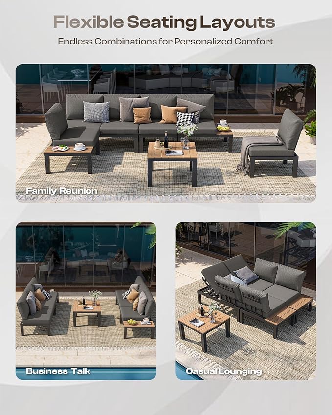 Oasbira Aluminum Outdoor Patio Furniture Set, 4 Seats Modular Patio Sectional Sofa Set with Adjustable Backrest & Removable Cushions, All-Weather Outdoor Conversation Sets for Garden & Yard, Graphite