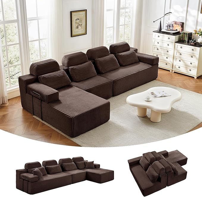 136" L-Shaped Cloud Modular Sectional Sofa with Chaise & Headrest, Boneless Deep Seat Plush Corduroy Couches for Large Living Room, No Assembly Required (Brown, 136" L-shapred Chaise)