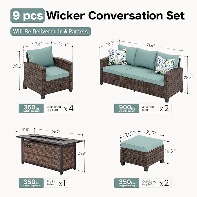 SUNSHINE VALLEY Patio Furniture Set Outdoor Furniture Brown Wicker Rattan Patio Conversation Sets with Cushion Outside Sofa Set,8 Pieces with Rectangular Firepit Table,12 Seats,Blue