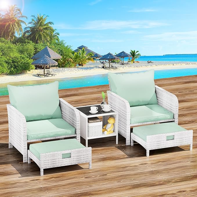 LEVELEVE Balcony Furniture 5 Piece Patio Conversation Set, PE Wicker Rattan Outdoor Lounge Chairs with Soft Cushions 2 Ottoman&Glass Table for Porch, Lawn-Grey Wicker