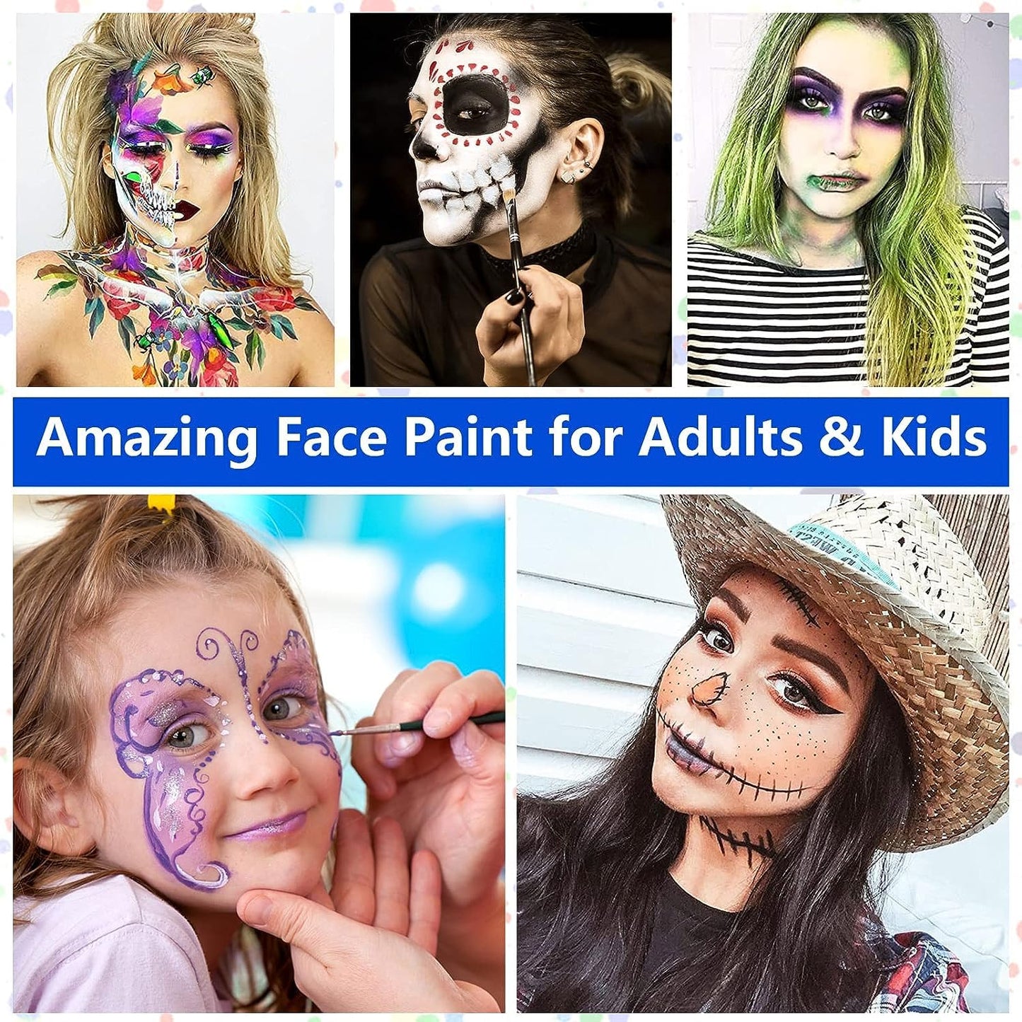 Face Paint,Face Painting Kit For Kids Party - 20 Water Based Non-Toxic Sensitive Skin Paints Includes10 Professional Brushes, 5 Sticker Models And A Paint Tray For Halloween Cosplay Parties.