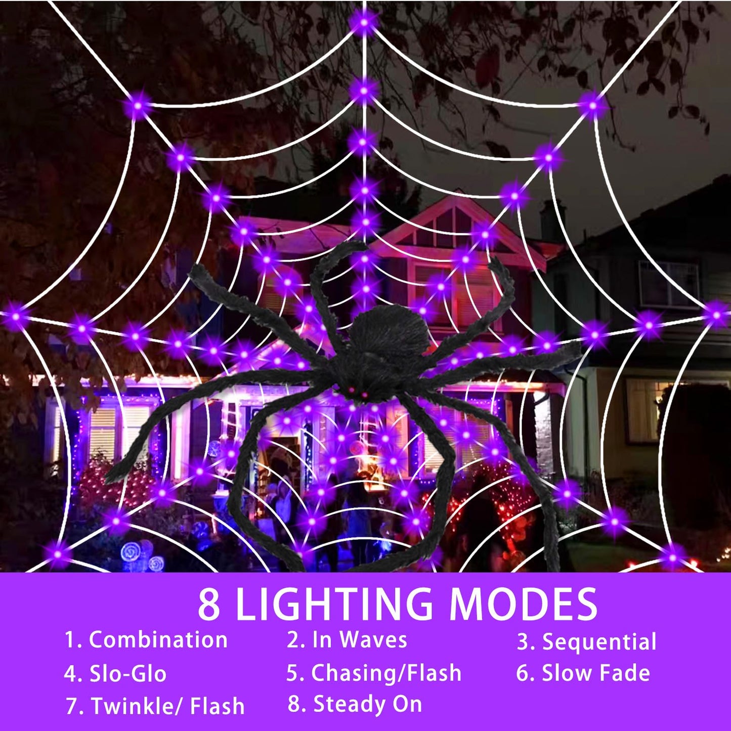 Halloween Decorations, 9FT Diameter Spider Web Lights with Black 4FT Spider, 160 LED Waterproof Net Lights, Remote Control, 8 Modes Cobweb for Yard House Garden Outdoor Indoor Party Haunted Decor