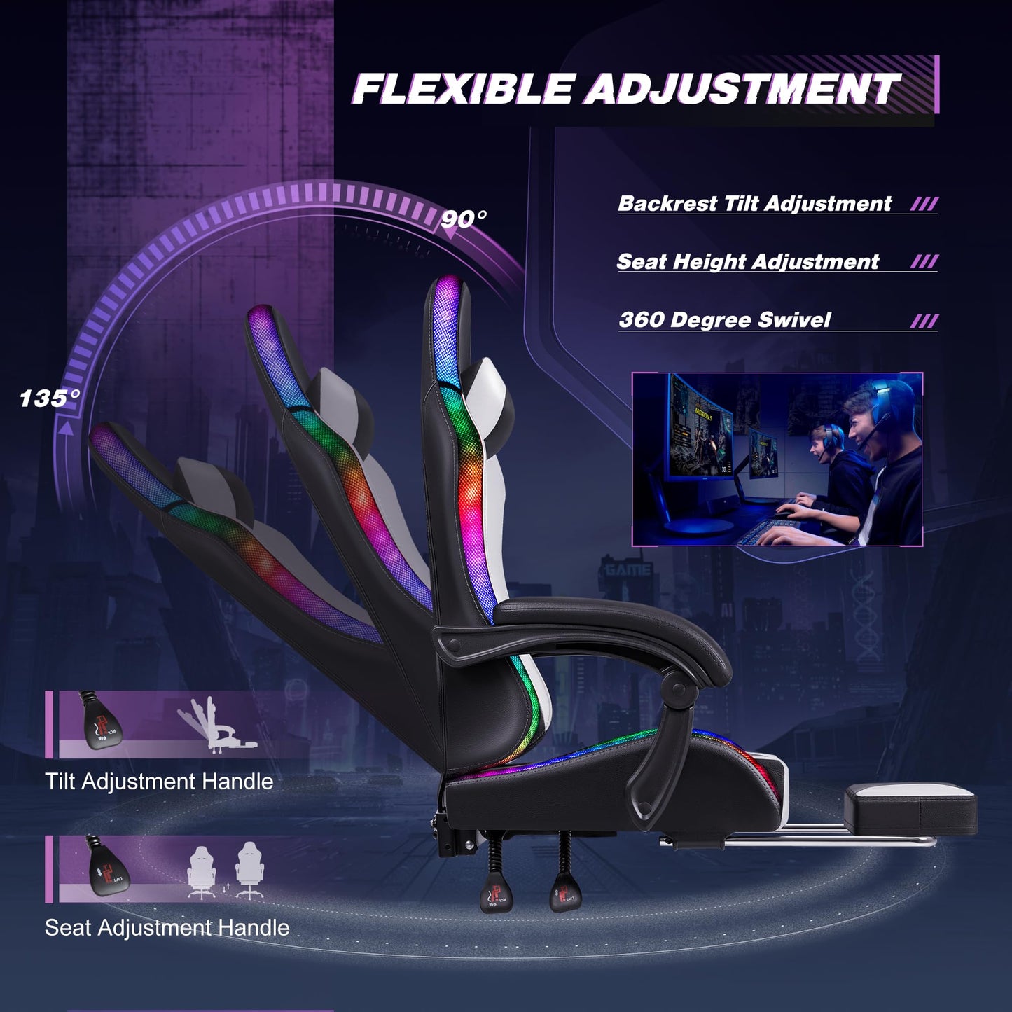 Homall Gaming Chair, Video Game Chair with Footrest and Massage Lumbar Support, Ergonomic Computer Chair Height Adjustable with Swivel Seat and Headrest (RGB White)