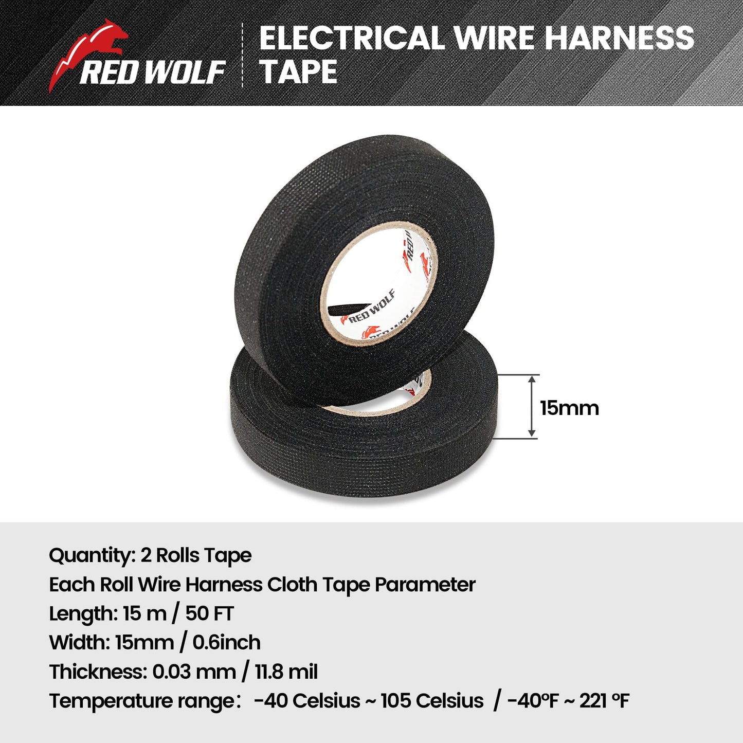 RED WOLF Wire Loom Harness Cloth Tape Electric Self-Adhesive Fabric Tape High Temp for Automobile Electrical Harness Wrap Noise Damping Protection Insulation Cable Fixed 2 Rolls Black 3/5 Inch x 50FT