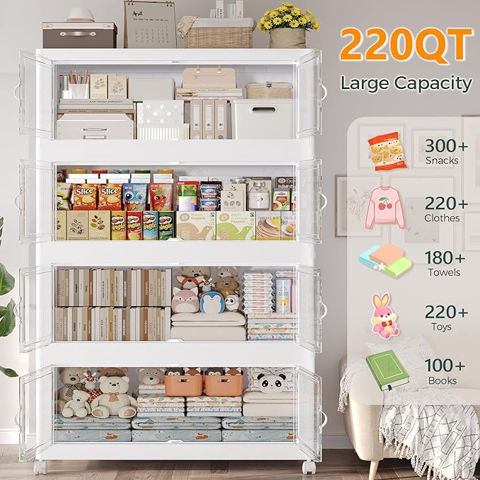 165Gal Stackable Storage Bins with Lid and Wheels, 660QT Plastic Collapsible Storage Boxes with Doors, Closet Organizer and Storage Cabinet for Home Kitchen Office Dorm Room, 3Pack White