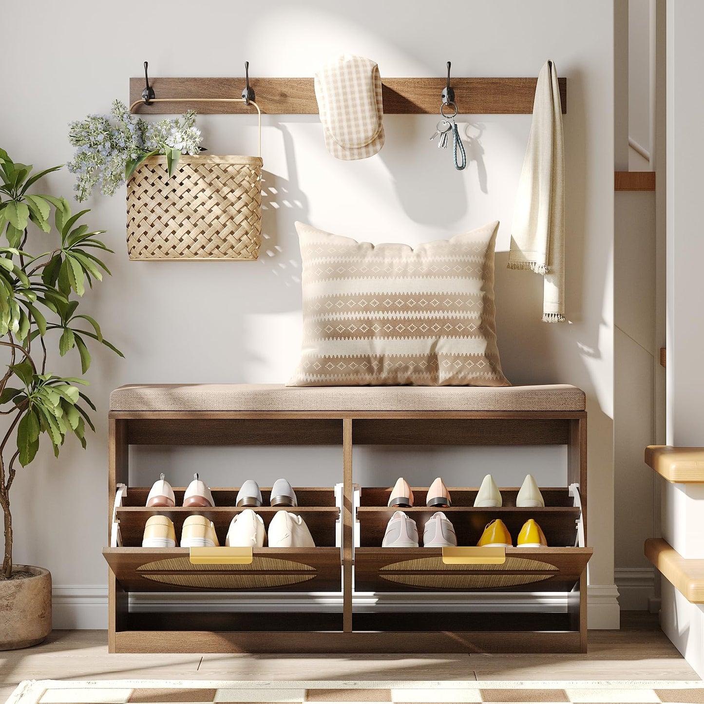 Maupvit Rattan Entryway Bench with Seat Cushion & Coat Rack, Shoe Storage Cabinet with 2 Flip Drawers, Narrow Shoe Rack, 5 Sturdy Metal Hooks, Rustic Oak Rattan