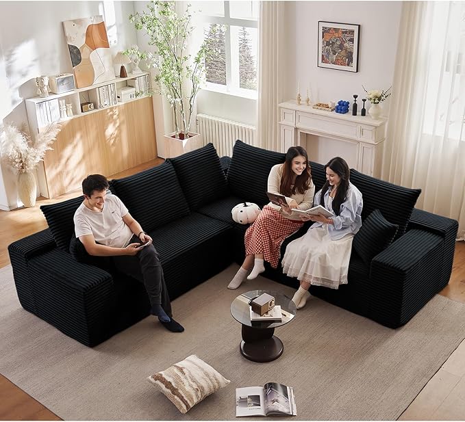 Sectional Cloud Couch for Living Room, Modular Floor Deep-Seat Sofa, Big Comfy Corduroy Couches Set with Fluffy Memory Foam, Stupendous L Shaped Sofas with Chaise, No Assembly Required, Black