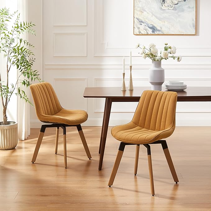 Art Leon Dining Chairs Set of 4, Mid Century Modern Swivel Kitchen Dining Room Chairs, Upholstered Faux Leather Armless Side Chairs with Wood Legs for Living Room Bedroom, Yellow Brown