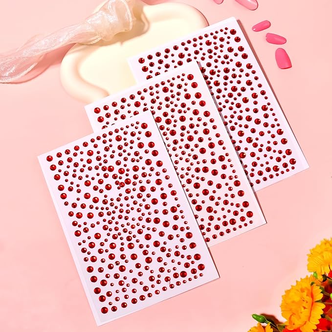 Self Adhesive Face Gems and Pearls for Makeup, Festival Jewels, Hair Gems, Rhinestone Stickers for Face, Eye, Makeup, Nail, Body, Crafts 3/4/5/6 mm 975Pcs (08.gem_red)