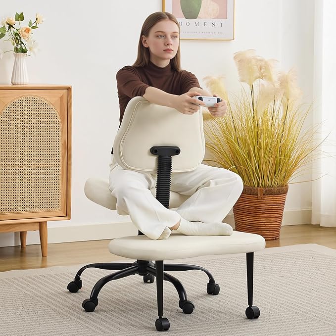 Ergonomic Cross Legged Office Chair, Criss Cross Chair with Wheels, 360°Swivel ADHD Meditation Kneeling Yoga Seat with Adjustable Height, Ergonomic Back Support and Leg Rest, Leather (White)