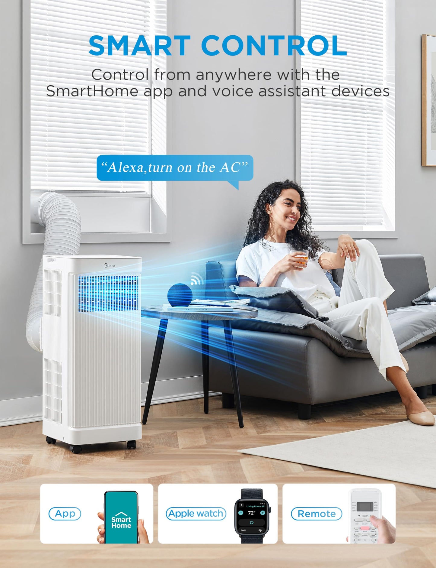 Midea 8,500 BTU ASHRAE (5,000 BTU SACC) Portable Air Conditioner, Smart Control, Cools up to 150 Sq. Ft., with Dehumidifier & Fan mode, Easy- to-use Remote Control & Window Installation Kit Included"