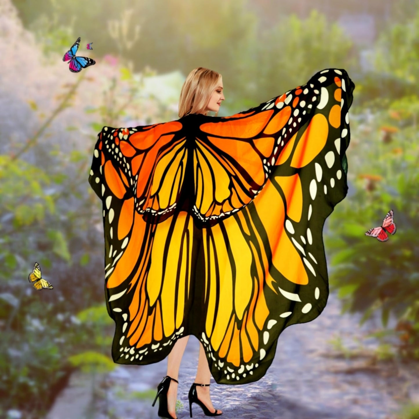 Halloween Costumes for Women Adult Double-Sided Butterfly Costumes Wing Cape Shawl 3Pcs （Orange & Yellow）