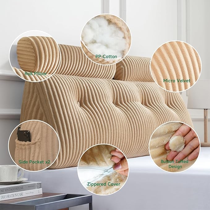 Z-hom Large Wedge Pillow Headboard, Queen Triangular Headboard Pillow, Reading Pillow Bed with a Roll Pillow for Bed Sitting Up Sleeping, Backrest Cushion Headboard Gap Pillow for Back,Beige
