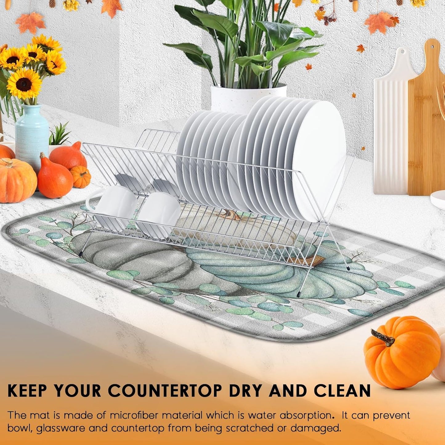 Sanwarm Absorbent Dish Drying Mat, Autumn Watercolor Pumpkin Microfiber Pad for Kitchen Counter, Fall Plaid for Coffee Bar Decor, Heat Resistant and Reversible, 16" x 18"