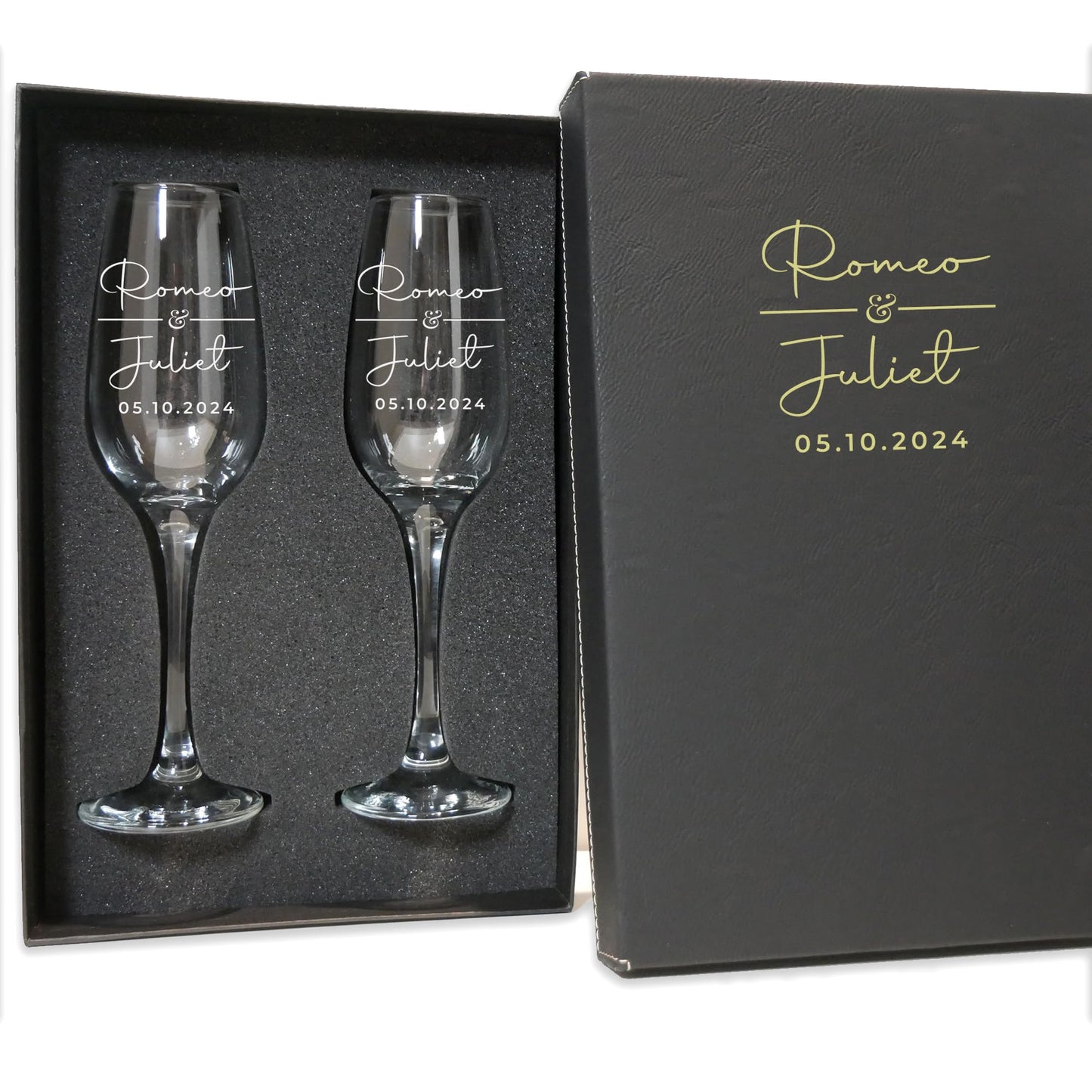 Personalized Champagne Flutes - Set of 2 - Custom Wedding Glasses - Bride & Groom Wedding Gifts for Mr & Mrs - Engagement, Bridal Shower, Anniversary, Gift for Couple - Valentines Day Gift - 6 Designs