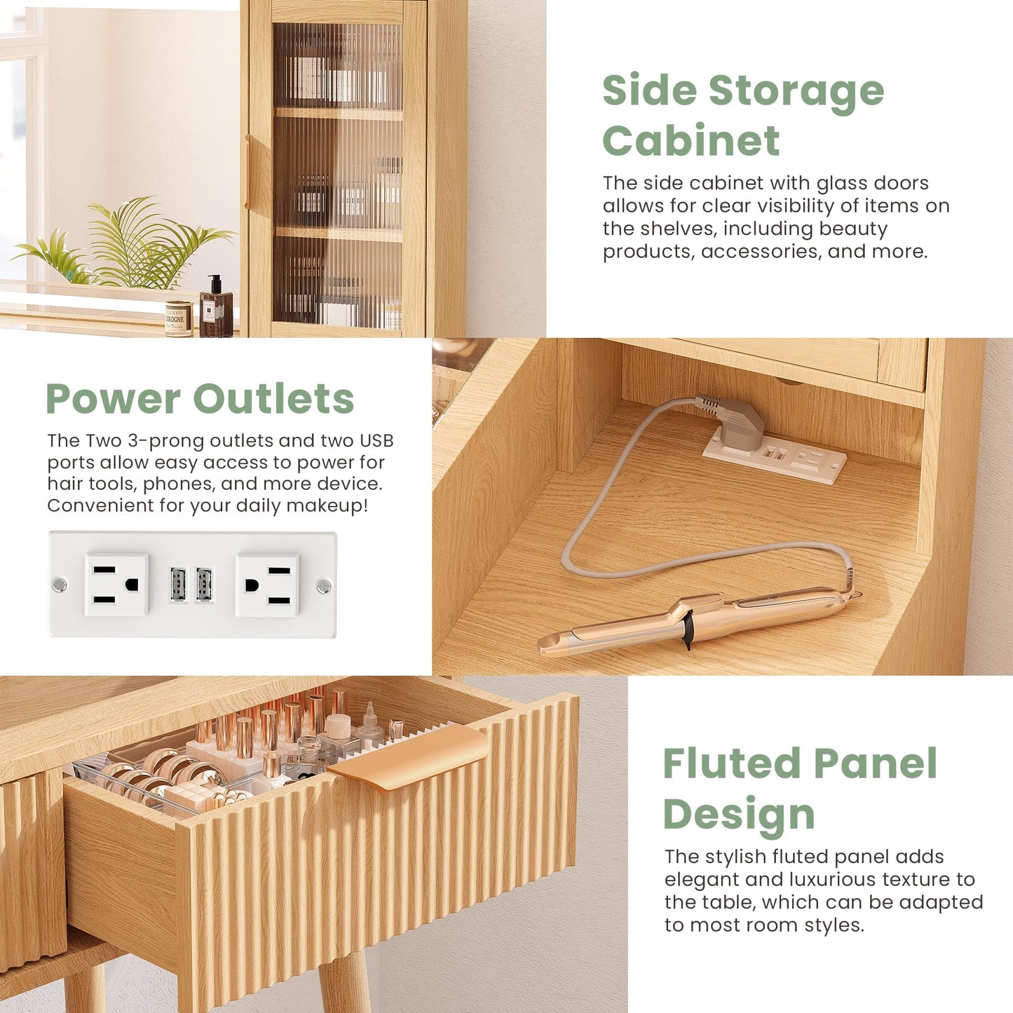 Fkhouse Fluted Makeup Vanity Desk with Mirror and Lights, 5 Drawers Glass Top Makeup Vanity with 4 Storage and 9-Grid Organizer, 3 Color Ribbed Glass Dressing Table with Charging Station, Natural Oak