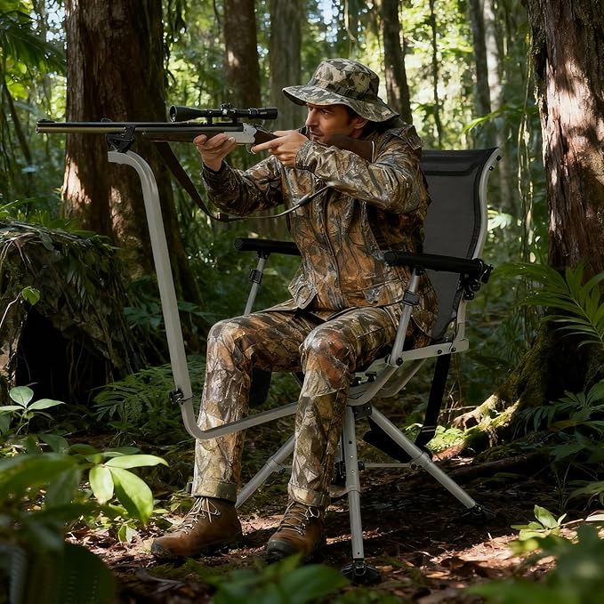GYMAX Hunting Chair with Gun Rest, 360° Swivel Hunting Blind Chair w/Adjustable Height & Armrest, All-Terrain Duck Feet, Shoulder Strap, 330 LBS Folding Outdoor Ground Blind Seat