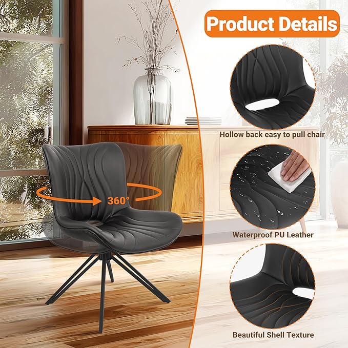 VATROS Dining Chairs Set of 4, 360° Swivel Upholstered Mid-Century Modern Kitchen Dining Room Chairs, Armless Faux Leather Accent Side Chair with Padded Back, Metal Leg, Black