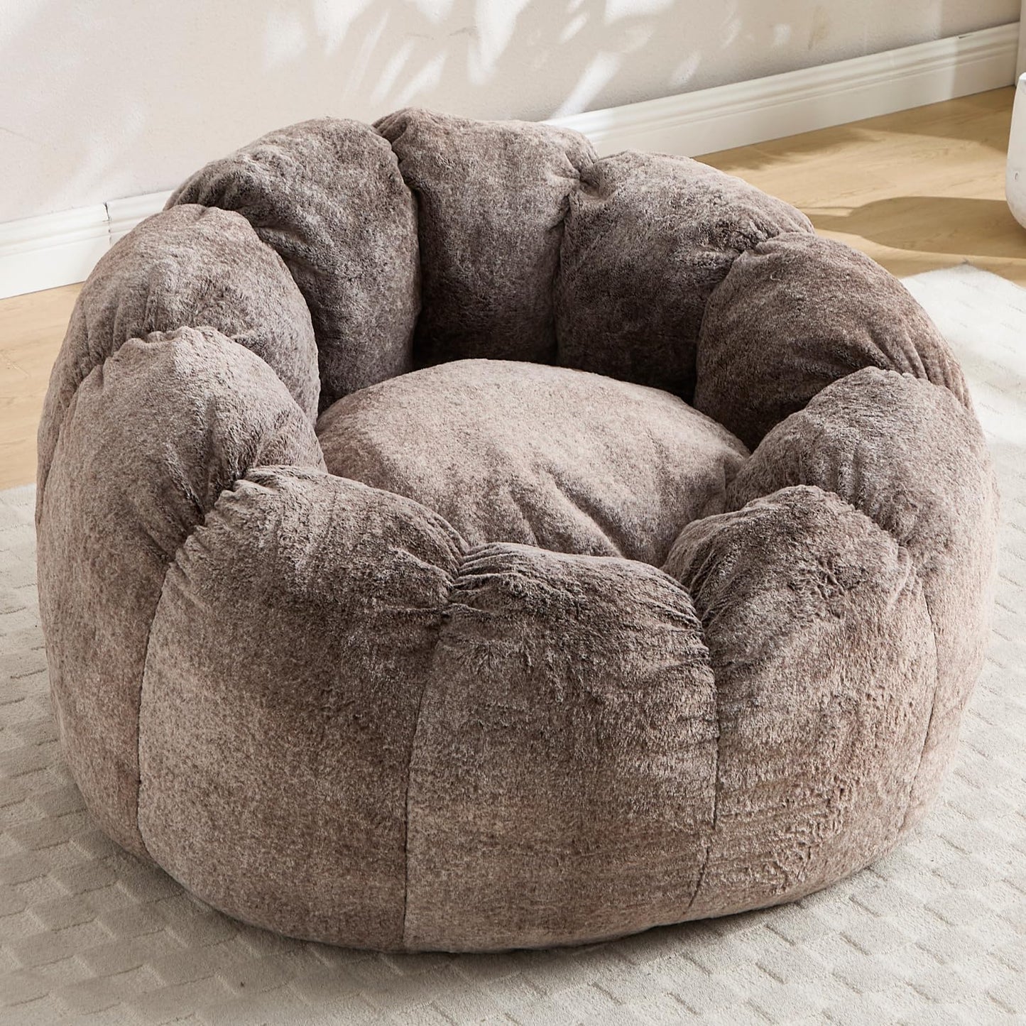 DUOMAY Giant Bean Bag Chair, Faux Fur Cozy Beanbag Chair for Adults, Kids, Round-Shaped Large Bean Bag Couch with Memory Foam for Living Room, Bedroom, Dorm, Brownish