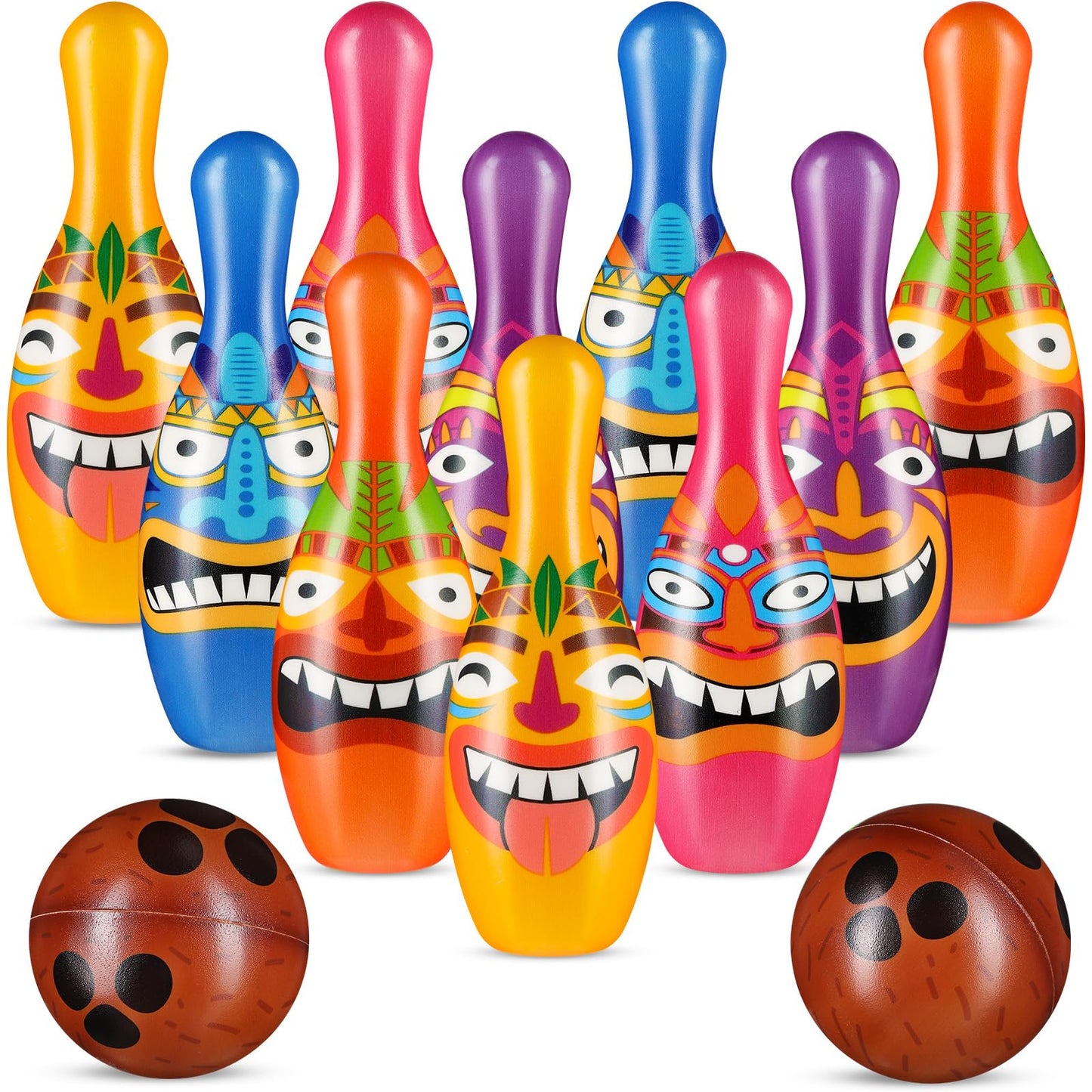 Harrycle 12 Pcs Luau Party Games for Kids Toddlers Adults Summer Tropical Hawaiian Bowling Set 10 Tiki Pins and 2 Cocout Balls Birthday Gifts for Yard Lawn Backyard Indoor Outdoor