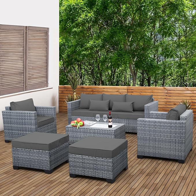 Lviden 6 Pieces Wicker Patio Furniture Sets Outdoor Conversation Set HDPE Rattan Sectional Sofa Couch with Storage Table and Grey Cushions