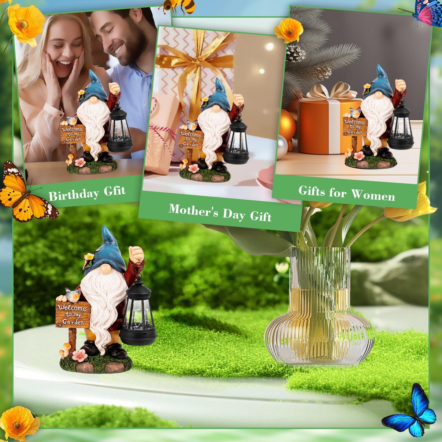ZQQLITE Garden Gnome Statues Figurine Lights - Solar Powered Lighting Outdoor Decorations with Lantern & Welcome Sign, Yard Art Lawn Ornaments for Porch Patio Balcony - Gnome Gifts for Women Mom