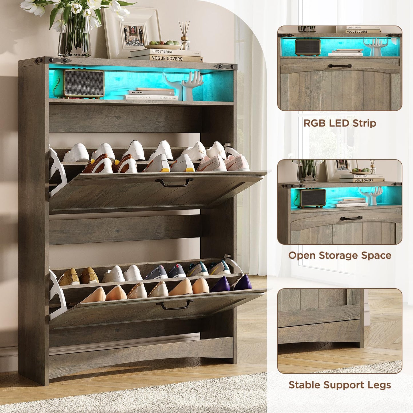 Maupvit Shoe Storage Cabinet with 2 Flip Drawers & Open Storage & RGB Lights, Narrow Shoe Rack Organizer Cabinets, Slim Shoe Cabinet for Entryway, Entrance, Hallway, Foyer, Rustic Grey