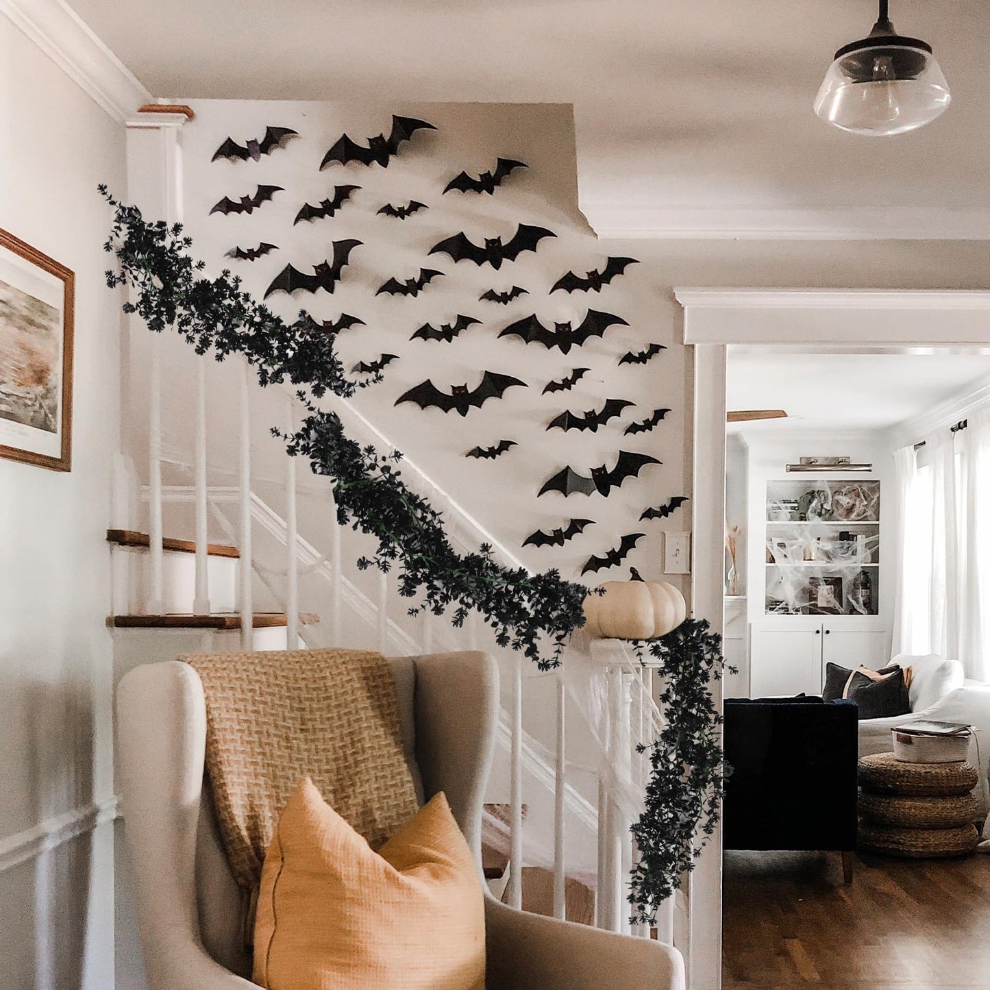 RECUTMS Black Artificial Flowers Black Eucalyptus Garlands Halloween Garland Black Leaf Garland with Flowers Fake Floral Greenery for Halloween Party Decor Home Backdrop Wall Fall Decor(Black)