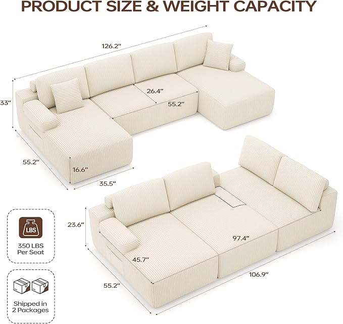 DURASPACE 126.2'' U Shaped Modular Sectional Sofa Couch Convertible 4-Seater Boneless Couches for Living Room (Beige)
