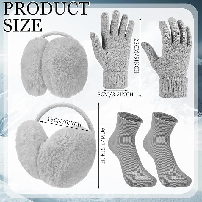 SATINIOR 5 Pcs Winter Hat Scarf Gloves Set Fleece Warm Lined Knit Beanie Hat Touch Screen Earmuff Gloves Warmer for Women(Grey,Cute Style)