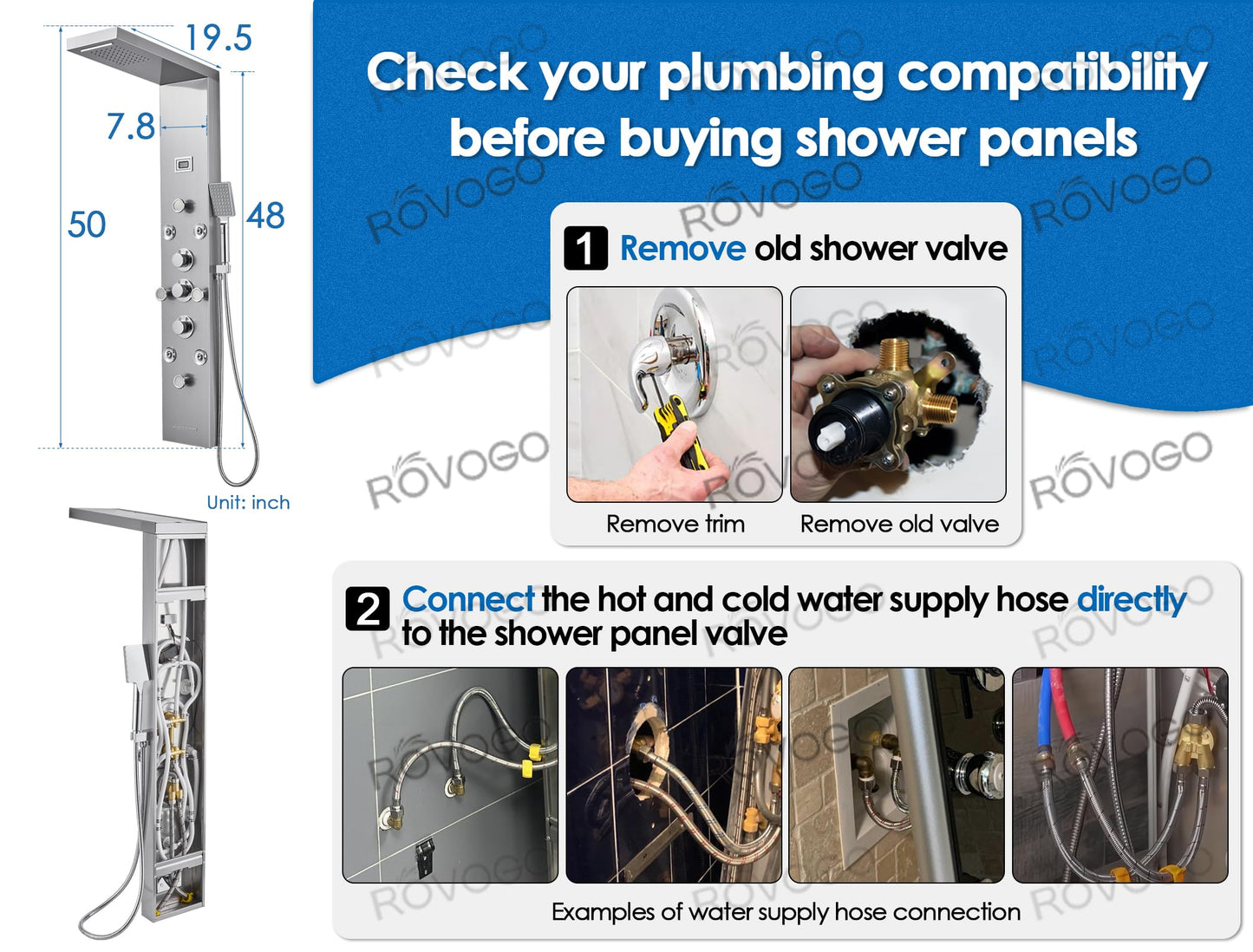 ROVOGO Shower Panel with 4 Body Jets and 4 Mist Spray, Rainfall Waterfall Shower Column Tower with Handheld, Tub Spout and Water Temperature Display, Stainless Steel Brushed