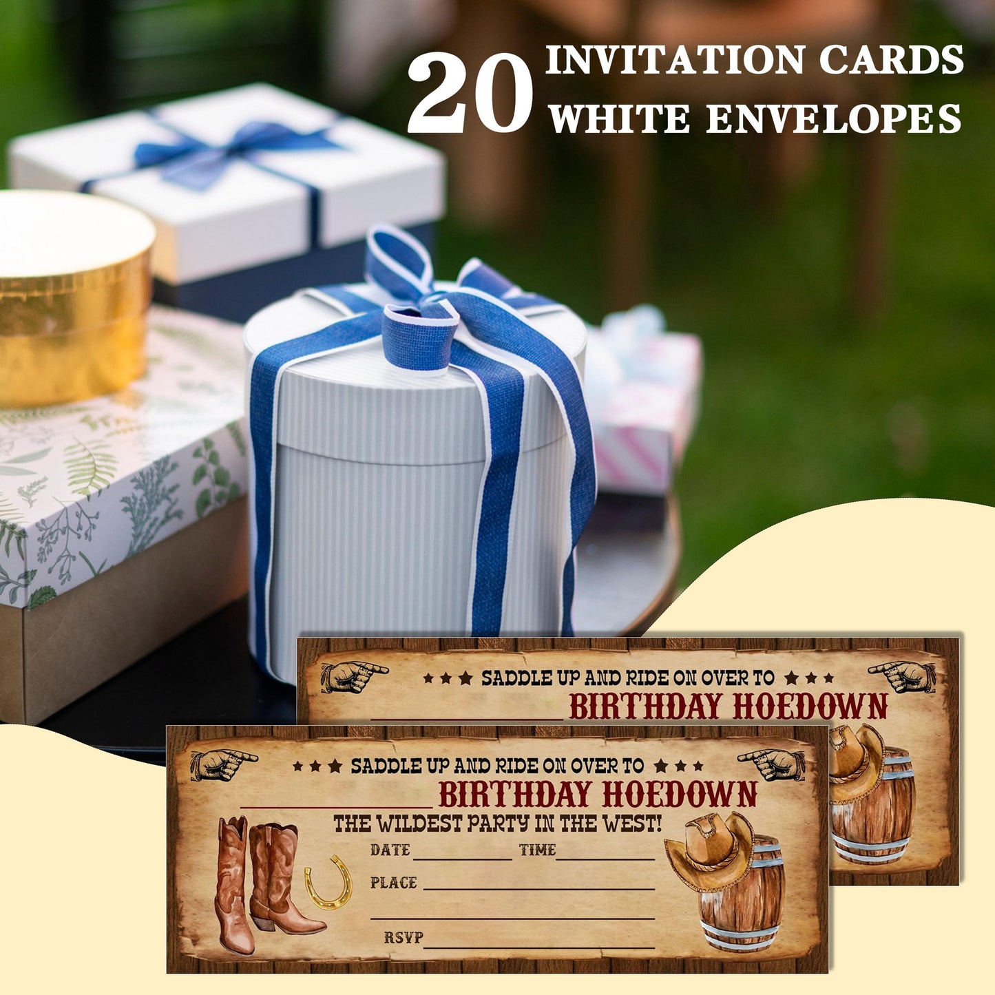 heiyihe Retro Birthday Cards-The Wildest Party Ticket Invite Cards-Retro West Boots Birthday Invitation with Envelopes for West Lovers-Celebration Party Favor & Supplies (20 Packs)-A22