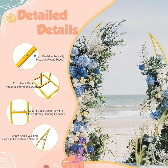 Gold Curved Wedding Arch Backdrop Stand,Half Moon Arch Balloon Stand for Wedding Party Baby Shower Birthday Ceremony Christmas Decoration
