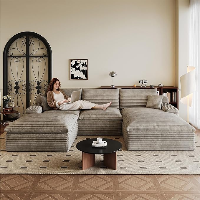 107" Cloud Sectional Couch U-Shaped Chaise with Ottoman, Corduroy Boneless Couch for Living Room Bedroom, Deep-Seat Upholstered Modular Cloud Sofa, No Assembly Required (Camel, Right Facing Chaise)
