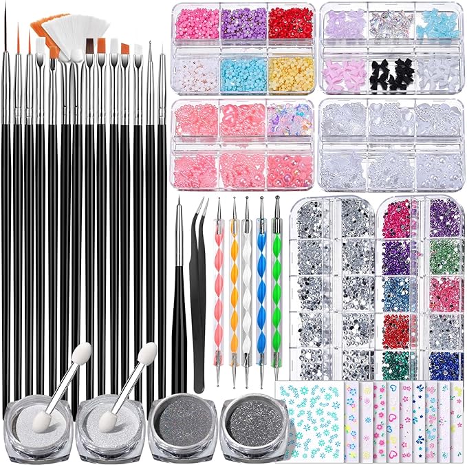 FANDAMEI Nail Art Brushes Set, Nail Art Kits, 3D Nail Charms Nail Design Tools Kit, Nail Set for Beginners ,Nail Dotting Tool, Nail Rhinestones,Chrome Nail Powder,Nail Stickers Nail Art Decoration Kit