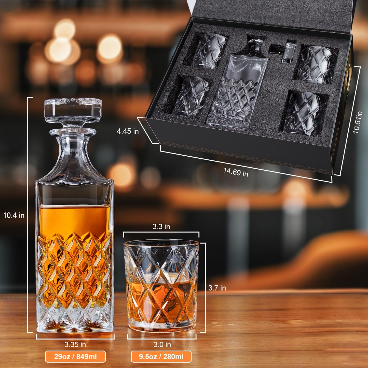 LIGHTEN LIFE Whiskey Decanter Set,Italian Style Decanter Set with 4 Glasses in Gift Box,Crystal Bourbon Decanter Set for Scotch,Liquor,Whiskey Decanter Set for Men and Women