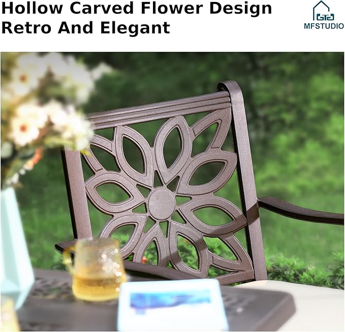 MFSTUDIO Cast Aluminum Patio Dining Chairs Set of 4, Stackable Outdoor Chairs with Extra Wide Seat and 2.8" Cushion, Brown Metal Dining Chairs for Table, Yard, Deck, 350lbs