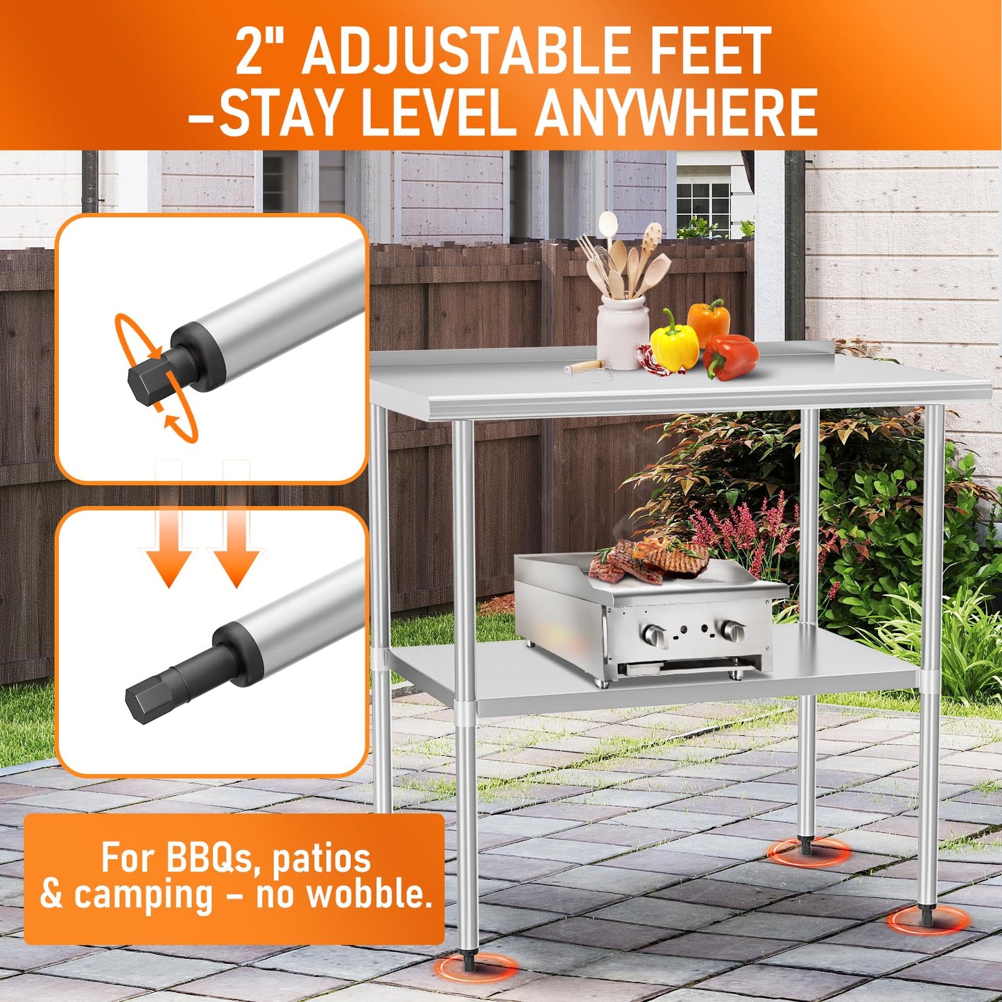 HOCCOT Stainless Steel Table 30" x 36" with Adjustable Undershelf and Backsplash, Commercial Metal Workstations for Kitchen, Garage, Outdoor BBQ