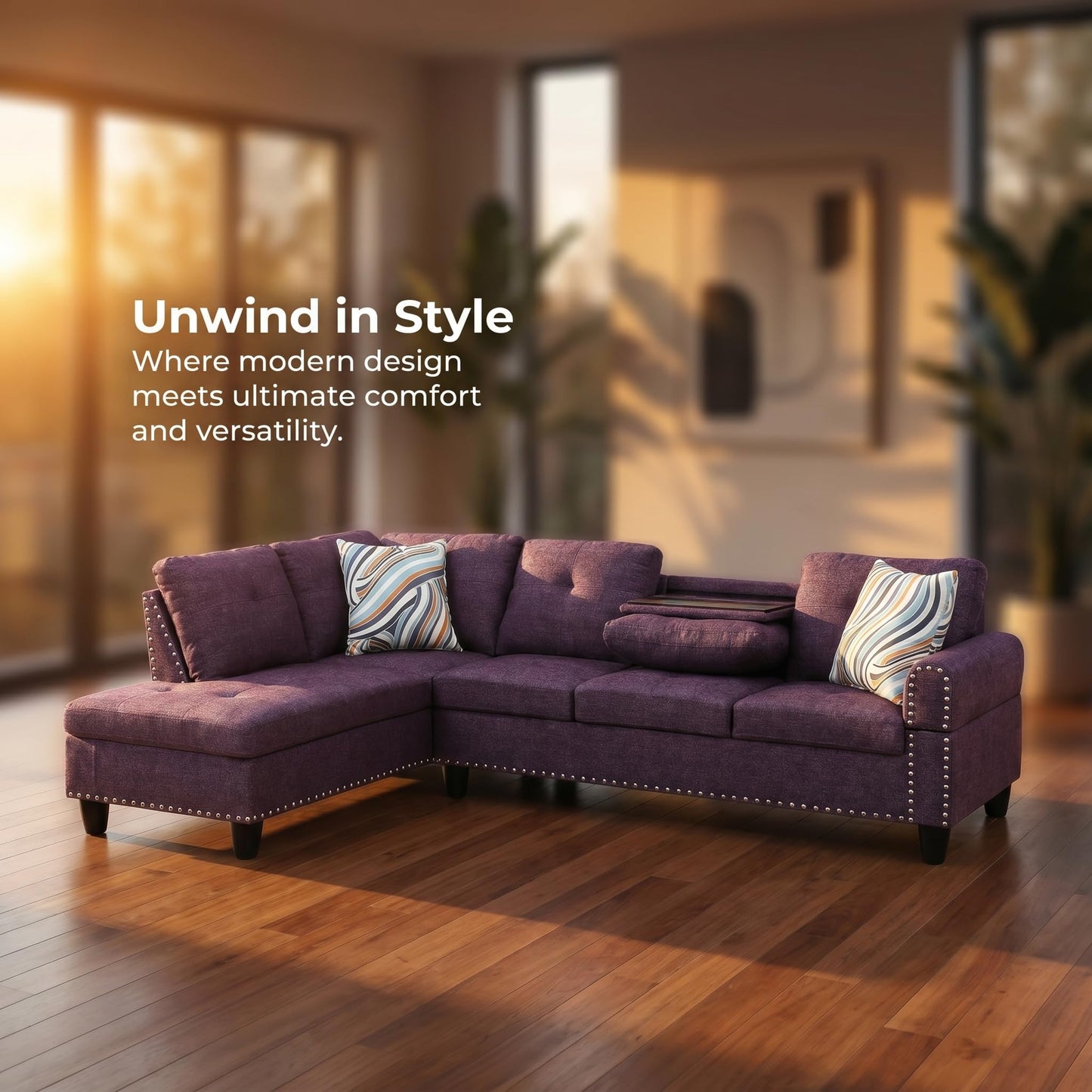 Trygoal L-Shaped Sectional Sofa, Modern 4-Seat Couch with Built-in Cup Holders, Upholstered Fabric Sectional Couch with Right Facing Chaise for Living Room, Apartment, Office, Purple
