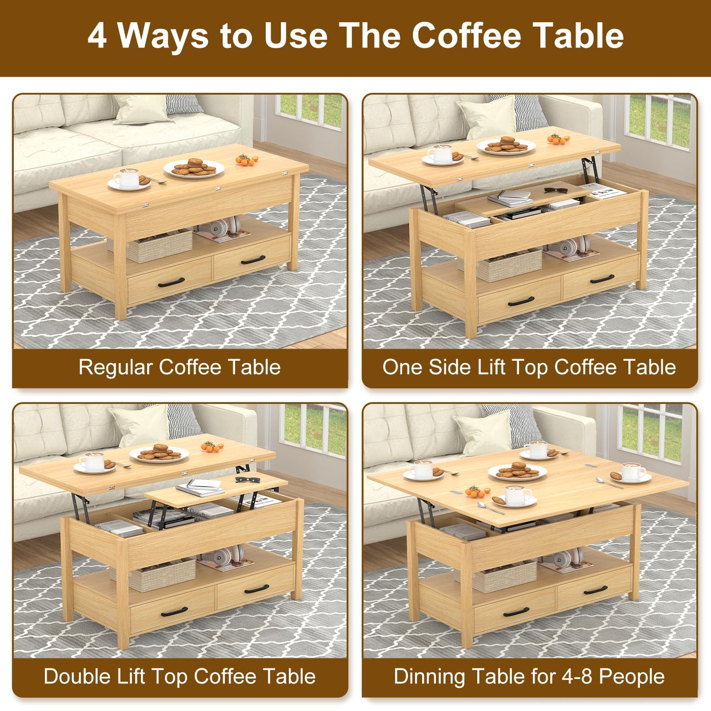 SYESWAY 40'' Lift Top Coffee Table, 4-in-1 Multifunctional Lift Coffee Table with Storage & Hidden Compartments, Farmhouse Coffe Table with Lifting top for Living Room, Dining Reception Room, Wood
