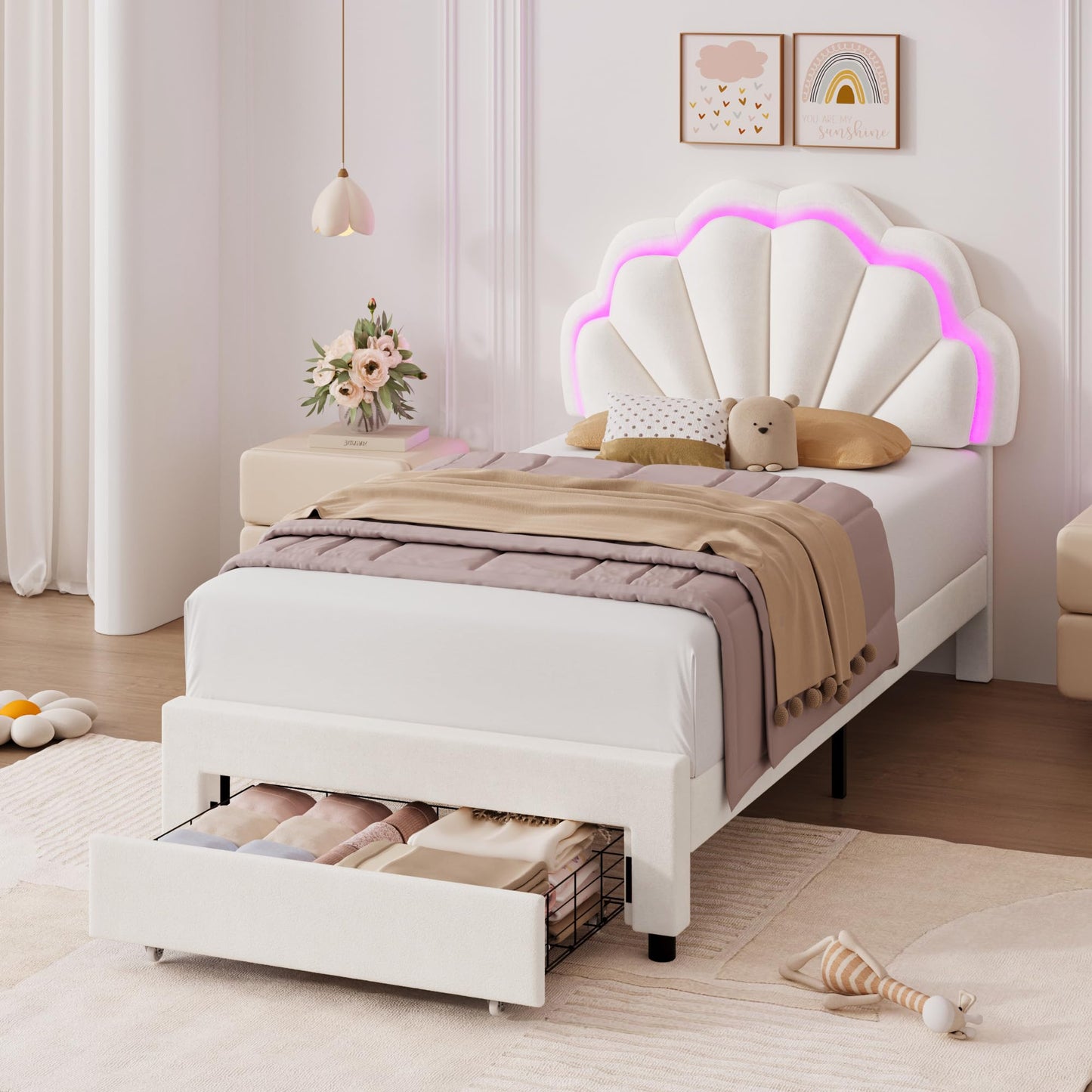 HIFIT Twin Upholstered Smart LED Bed Frame with Storage Drawer and Adjustable Chic Double Petal Headboard, Princess Platform Bed for Girls/Kids, Solid Wood Slats Support/No Box Spring Needed, Beige