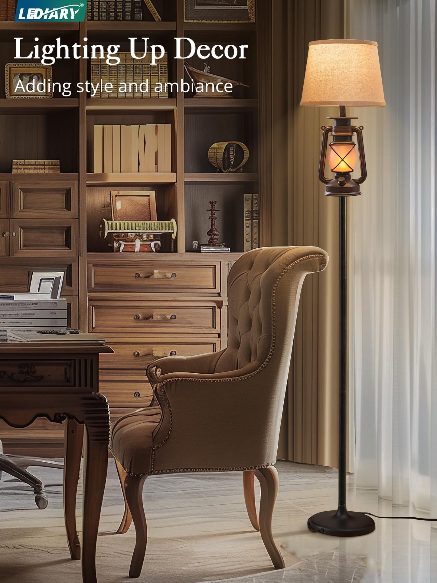LEDIARY LED Flashing Flame Night Lantern Farmhouse Floor Lamp for Living Room, Rustic Standing Lamp with Beige Linen Drum Lampshade, Lantern Floor Lamps for Bedroom Home Decor