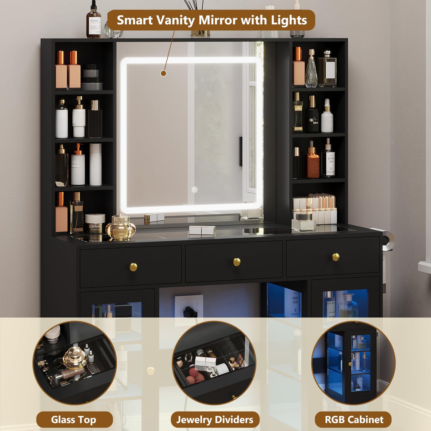 Black Vanity Desk with Mirror and Lights, 43.4" Makeup Vanity Table Set with Lighted Mirror & RGB Glass Cabinet, 3 Drawers, Glass Top Dressing Table with Large Shelves for Girls, 3 Color Modes